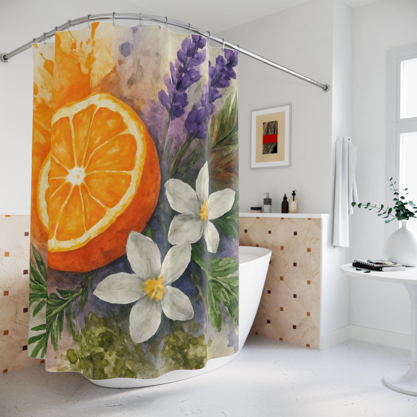 Citrus Orange Lavender Floral Shower Curtain | Watercolor Fruit Botanical - The Quiet Edit Studios