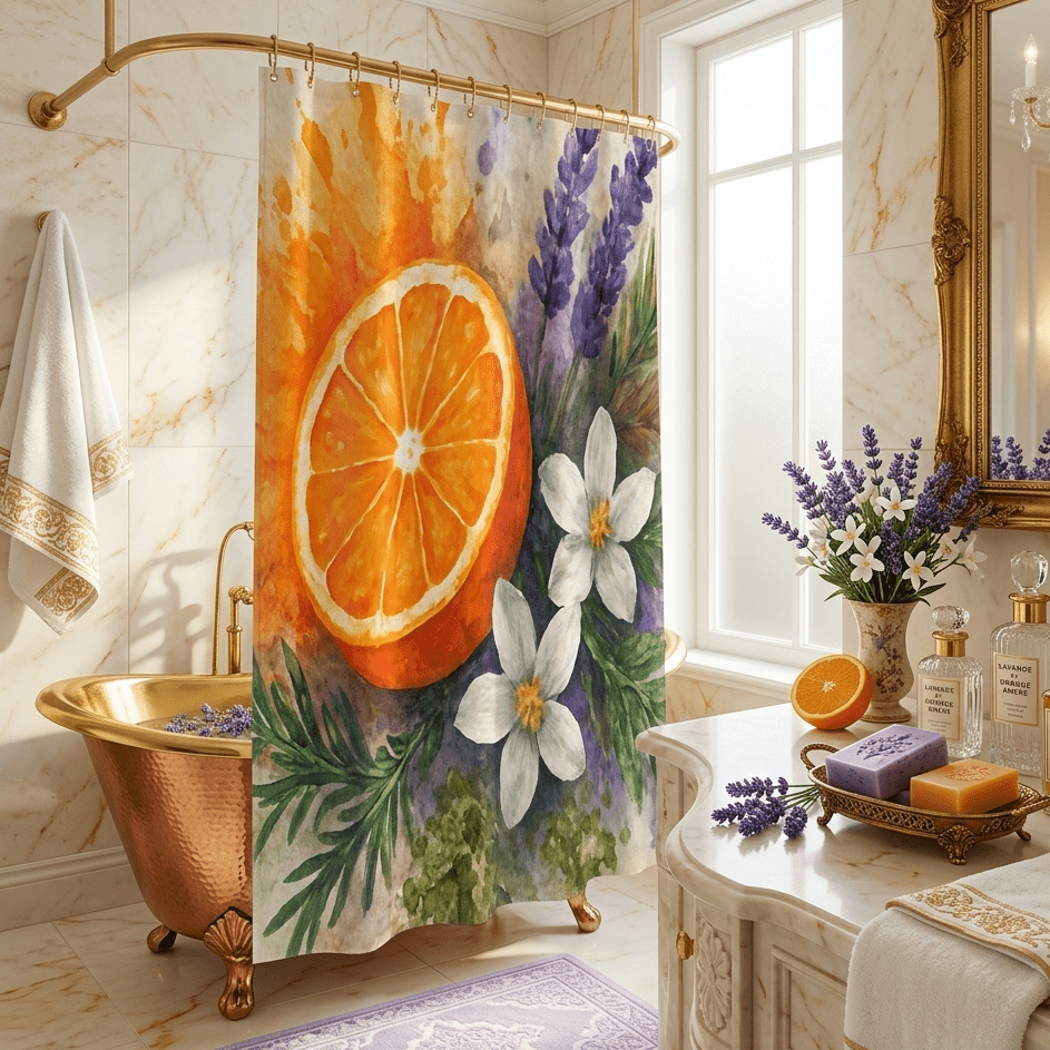 Citrus Orange Lavender Floral Shower Curtain | Watercolor Fruit Botanical - The Quiet Edit Studios