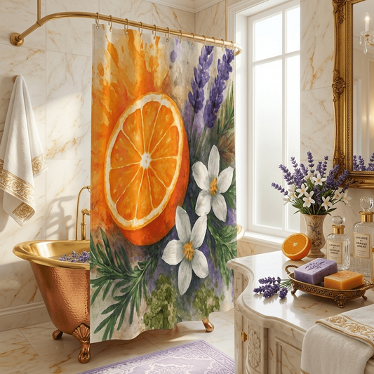 Citrus Orange Lavender Floral Shower Curtain | Watercolor Fruit Botanical - The Quiet Edit Studios