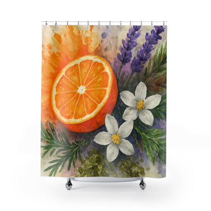 Citrus Orange Lavender Floral Shower Curtain | Watercolor Fruit Botanical - The Quiet Edit Studios