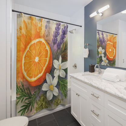 Citrus Orange Lavender Floral Shower Curtain | Watercolor Fruit Botanical - The Quiet Edit Studios