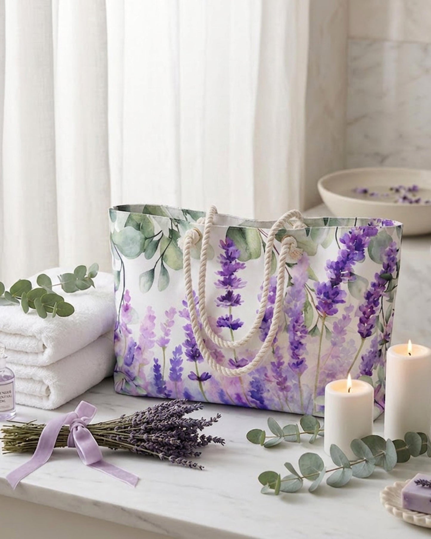 Eucalyptus Lavender Watercolor Weekender Beach Bag | Scented Sanctuary - Tranquility - The Quiet Edit Studios