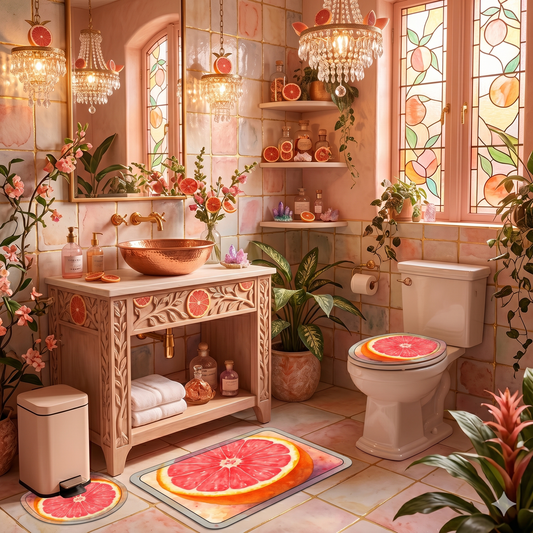 Grand Rising Pink Grapefruit Bathroom | Three - Piece Set | Watercolor Fruit Decor | Scented Sanctuary - The Quiet Edit Studios