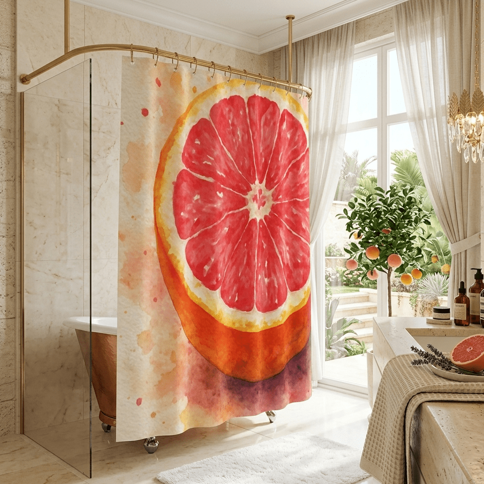 Grapefruit Watercolor Shower Curtain | Citrus Fruit Bathroom Decor | Scented Sanctuary - Grand Rising - The Quiet Edit Studios