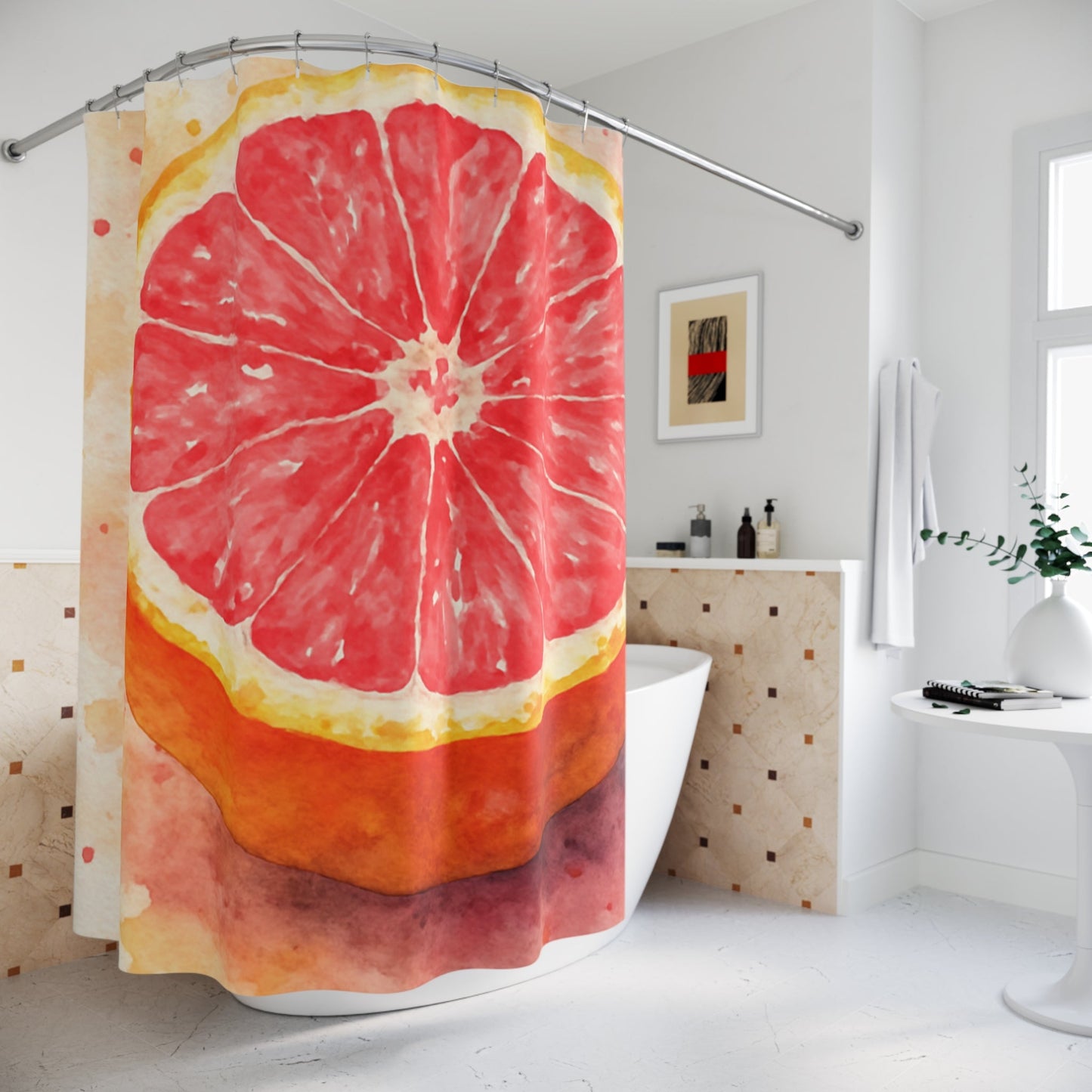 Grapefruit Watercolor Shower Curtain | Citrus Fruit Bathroom Decor | Scented Sanctuary - Grand Rising - The Quiet Edit Studios