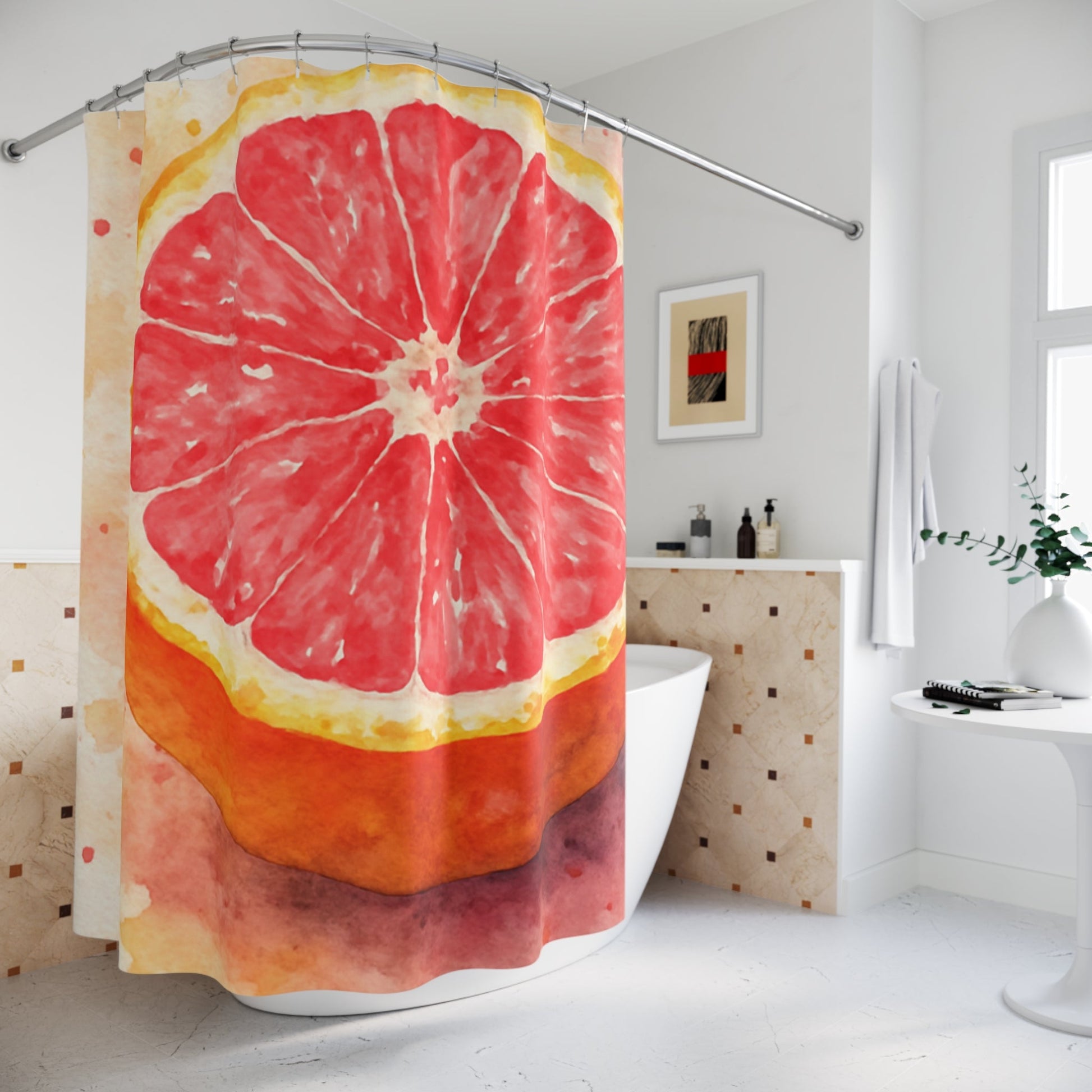 Grapefruit Watercolor Shower Curtain | Citrus Fruit Bathroom Decor | Scented Sanctuary - Grand Rising - The Quiet Edit Studios