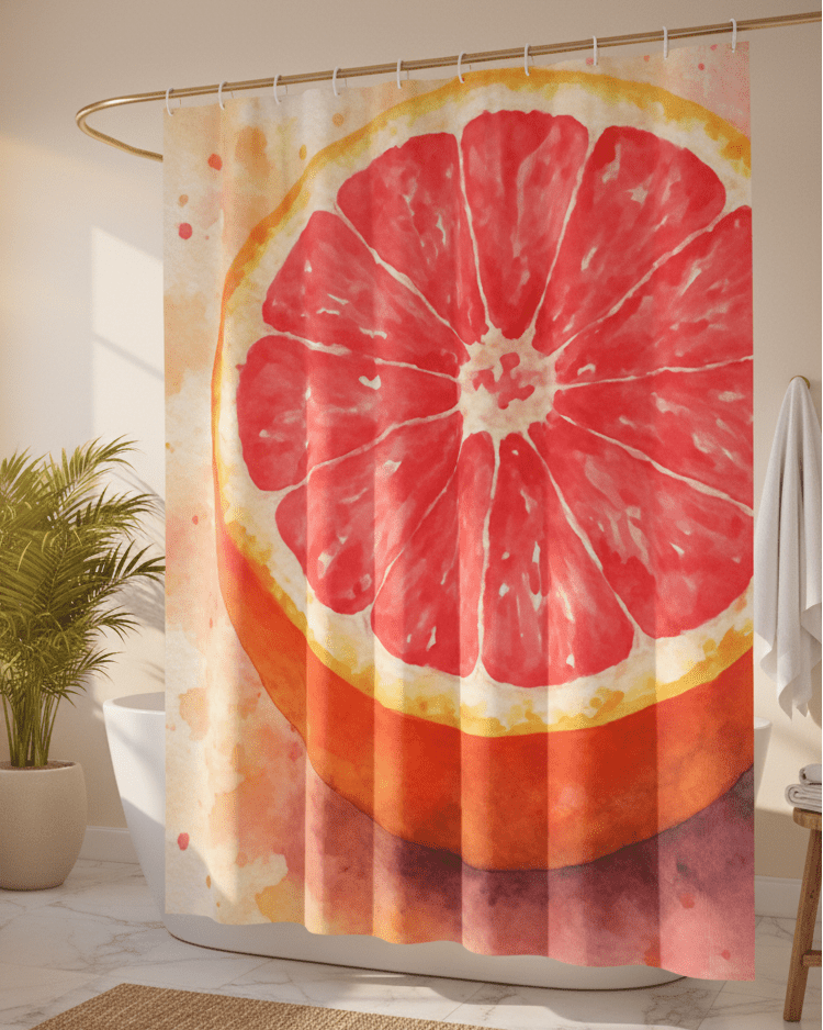 Grapefruit Watercolor Shower Curtain | Citrus Fruit Bathroom Decor | Scented Sanctuary - Grand Rising - The Quiet Edit Studios