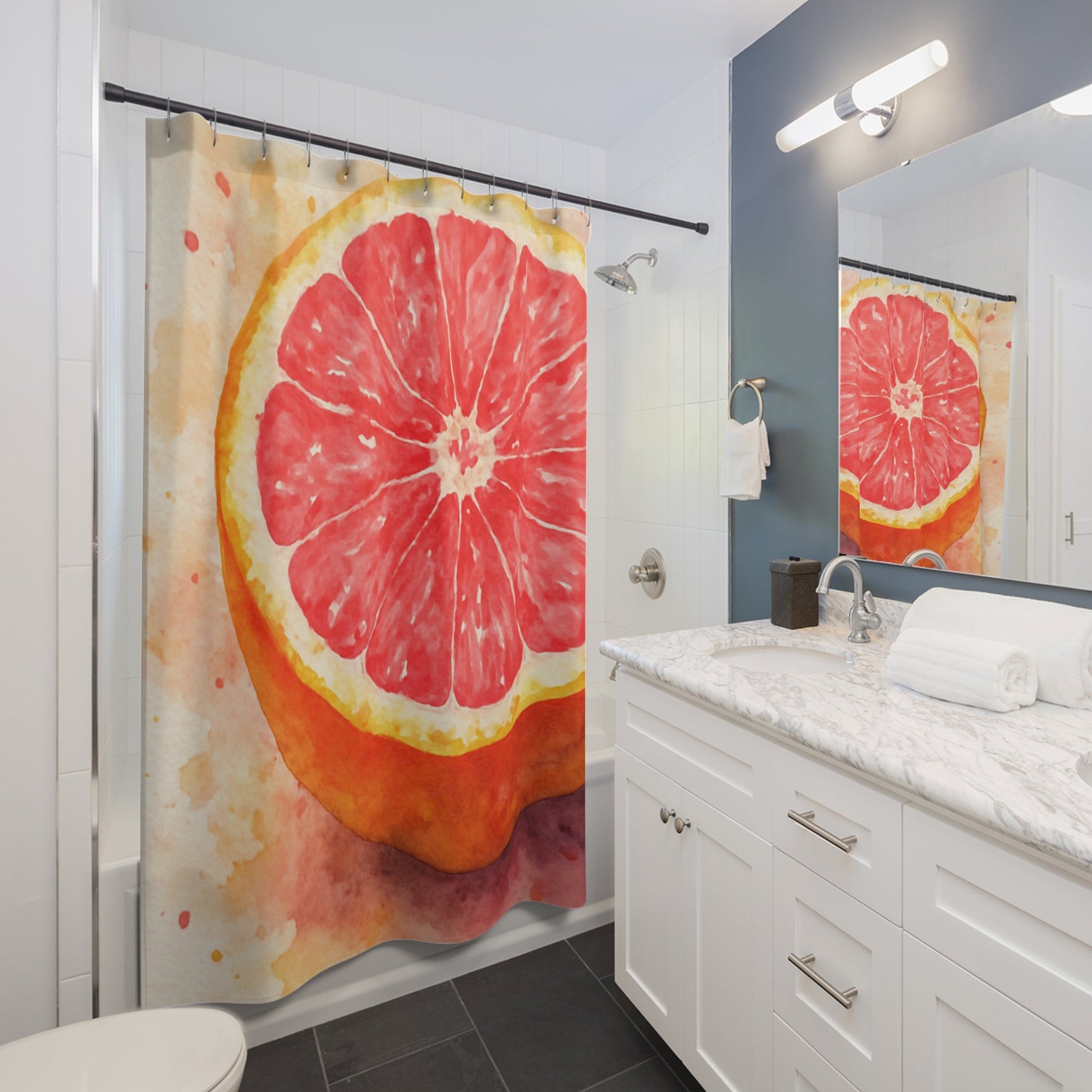 Grapefruit Watercolor Shower Curtain | Citrus Fruit Bathroom Decor | Scented Sanctuary - Grand Rising - The Quiet Edit Studios