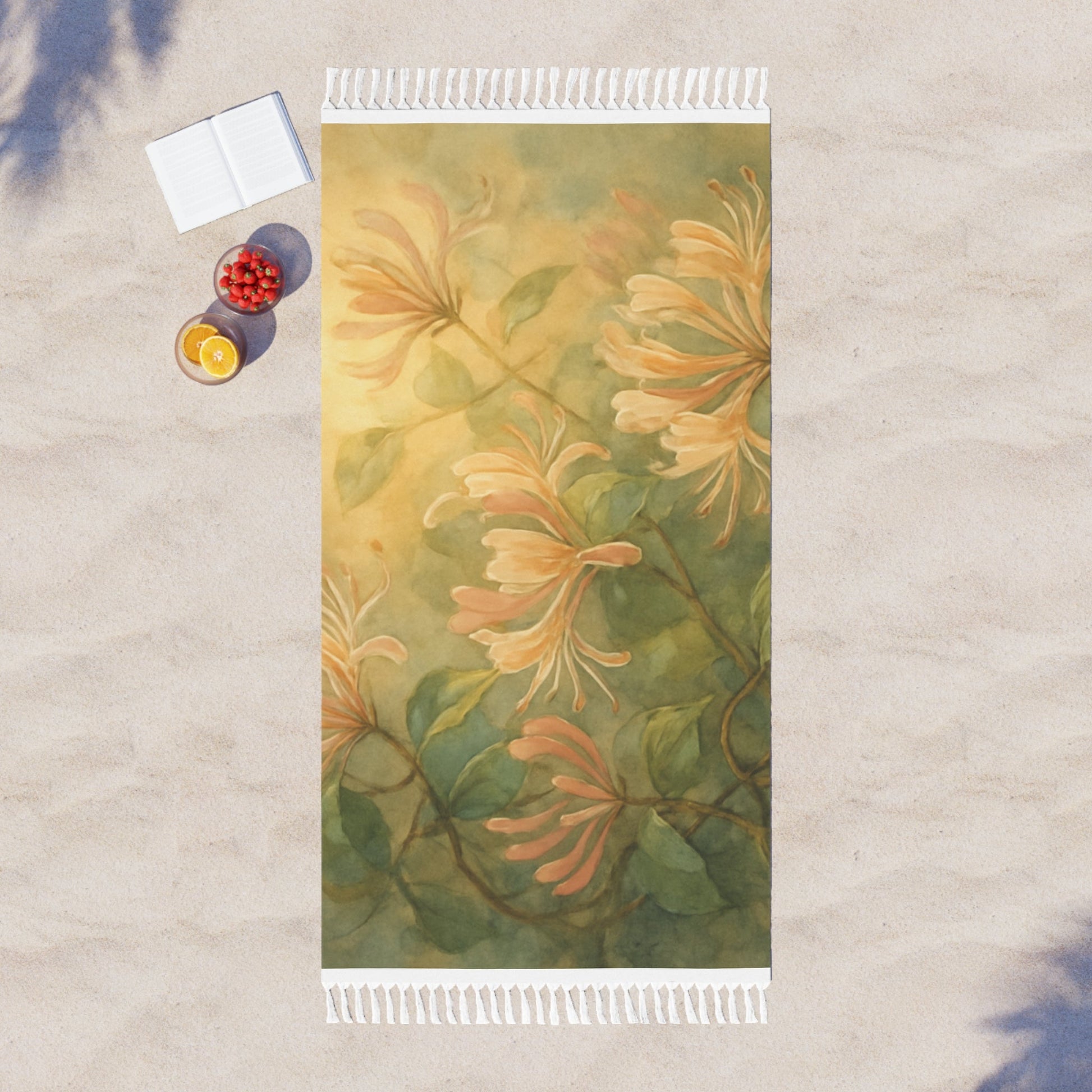 Honeysuckle Floral Boho Beach Towel | Lightweight Fringe Turkish Towel Scented Sanctuary - Soft Romance - The Quiet Edit Studios