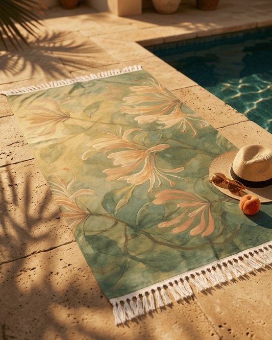 Honeysuckle Floral Boho Beach Towel | Lightweight Fringe Turkish Towel Scented Sanctuary - Soft Romance - The Quiet Edit Studios