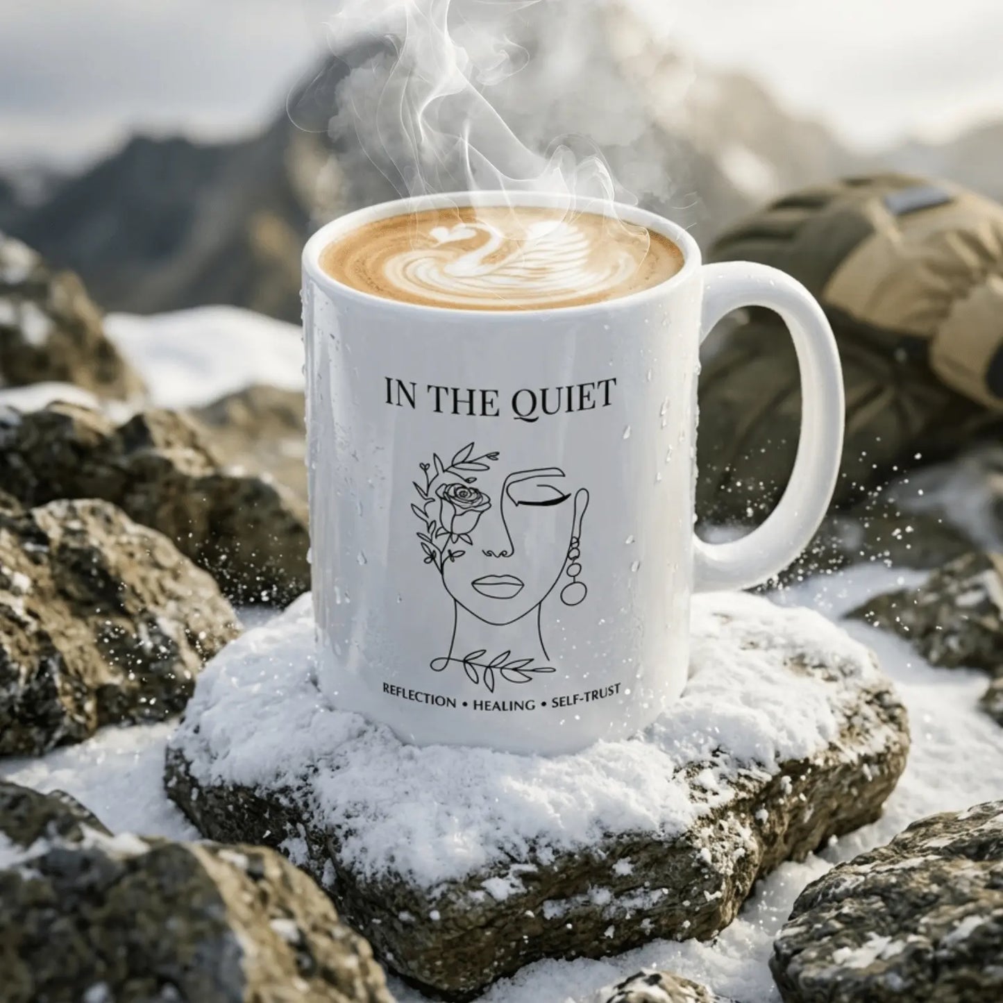 White “In The Quiet” ceramic coffee mug with latte art sitting on snowy rocks in a mountain setting with steam rising from the drink.