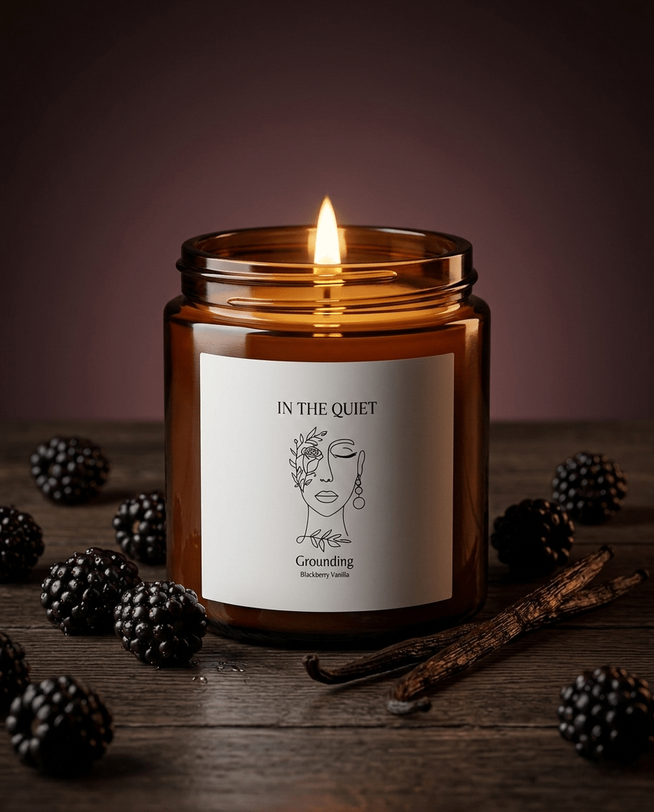 Blackberry vanilla soy candle in amber jar — Grounding collection by The Quiet Edit Studios
