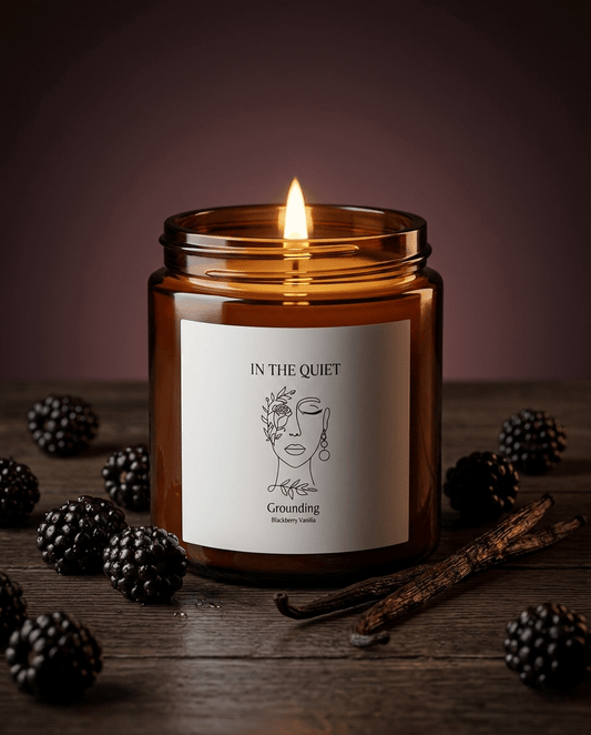 Blackberry vanilla soy candle in amber jar — Grounding collection by The Quiet Edit Studios
