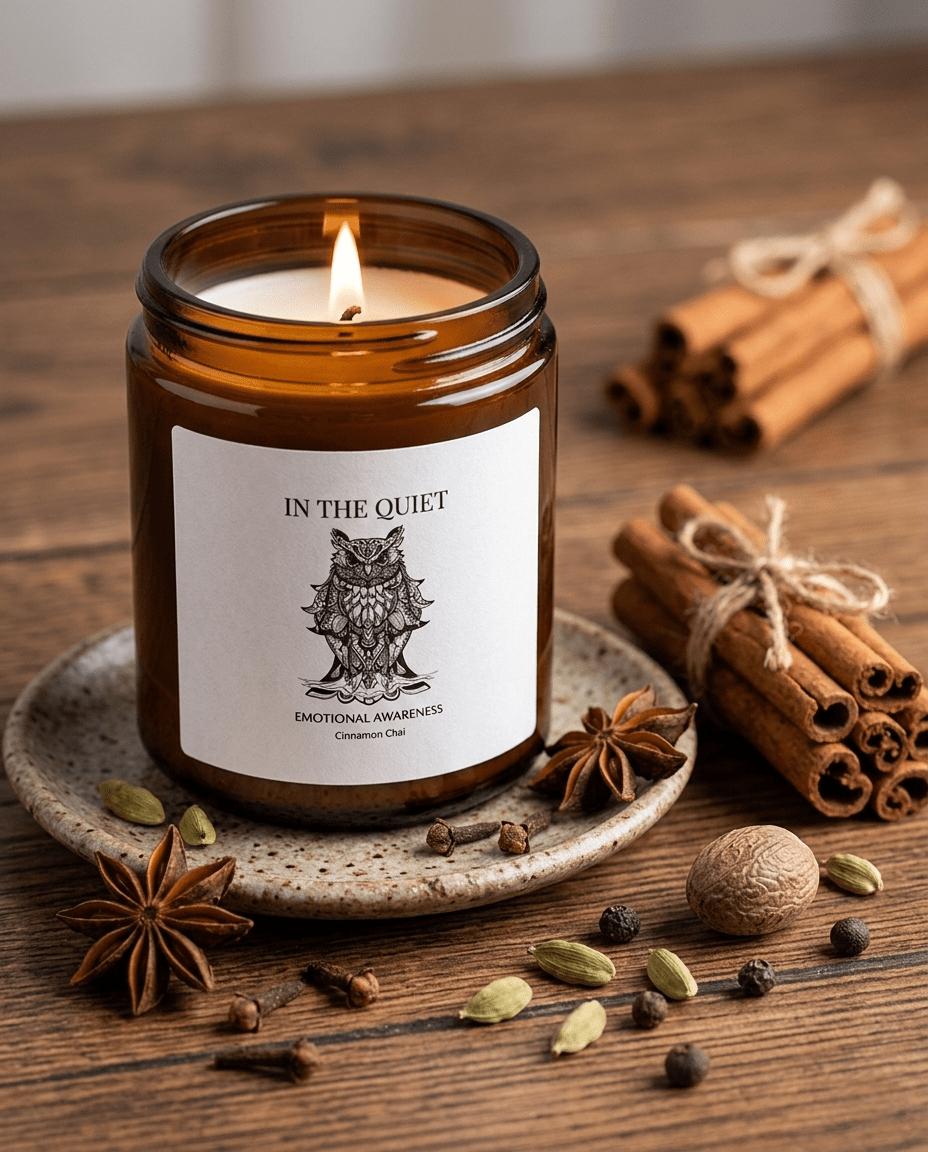 In The Quiet II: Emotional Awareness Candle | Cinnamon Chai | Coconut Apricot Soy Wax Jar | Luxury Amber Jar - The Quiet Edit Studios
