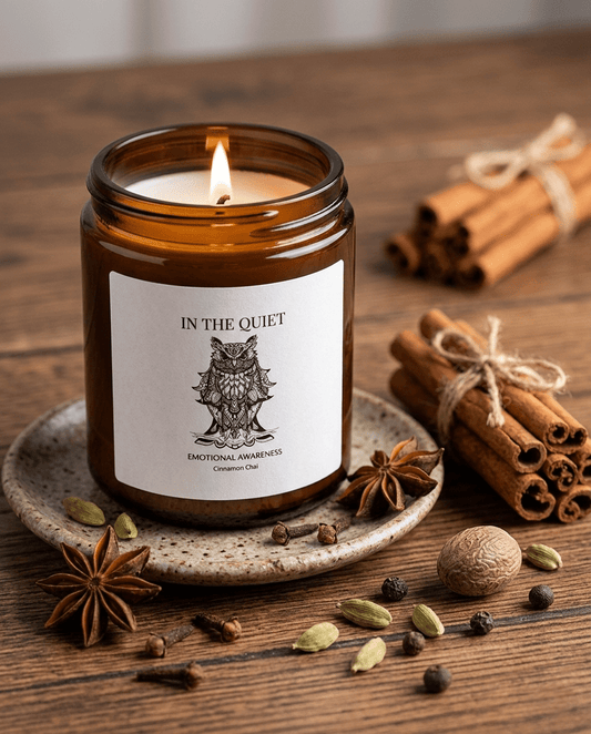 In The Quiet II: Emotional Awareness Candle | Cinnamon Chai | Coconut Apricot Soy Wax Jar | Luxury Amber Jar - The Quiet Edit Studios