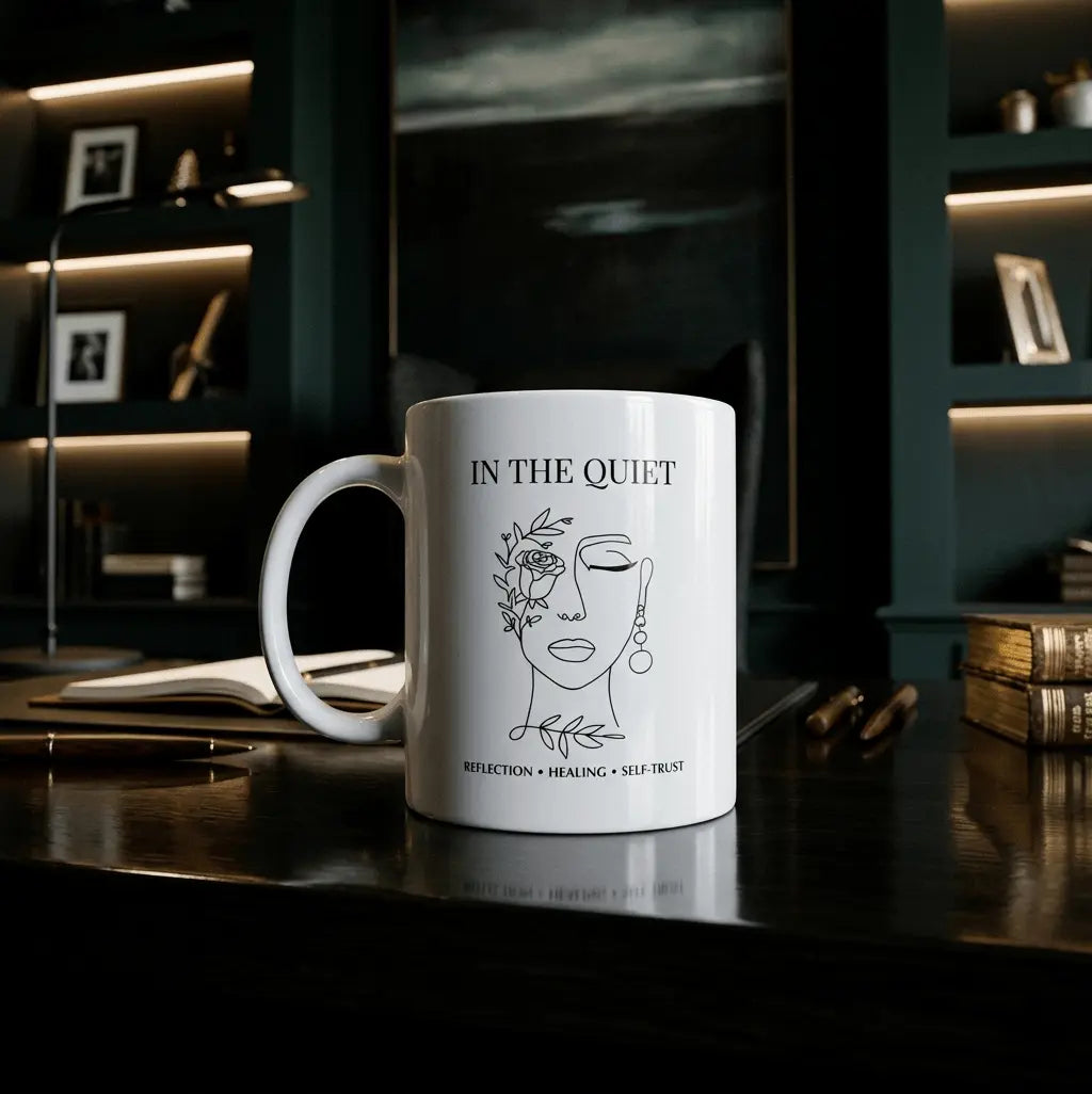 White ceramic “In The Quiet” coffee mug with minimalist line art face design displayed on a dark office desk with warm ambient lighting.