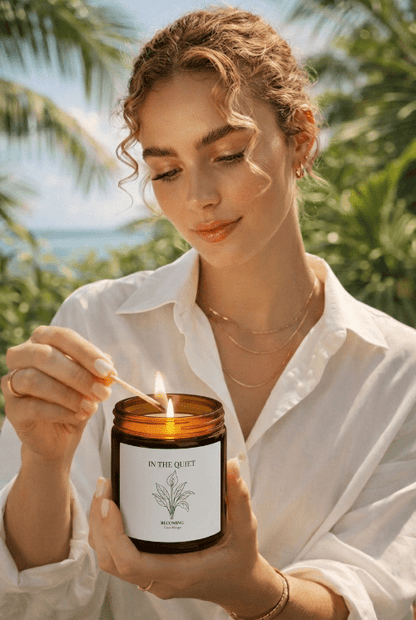 In The Quiet V: Becoming Candle | Coconut Mango Scent | Coconut Apricot Soy Wax | Luxury Amber Jar - The Quiet Edit Studios