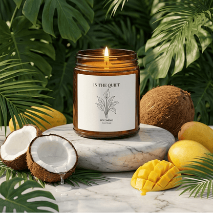 In The Quiet V: Becoming Candle | Coconut Mango Scent | Coconut Apricot Soy Wax | Luxury Amber Jar - The Quiet Edit Studios