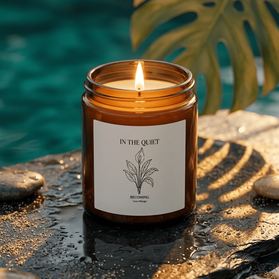 In The Quiet V: Becoming Candle | Coconut Mango Scent | Coconut Apricot Soy Wax | Luxury Amber Jar - The Quiet Edit Studios