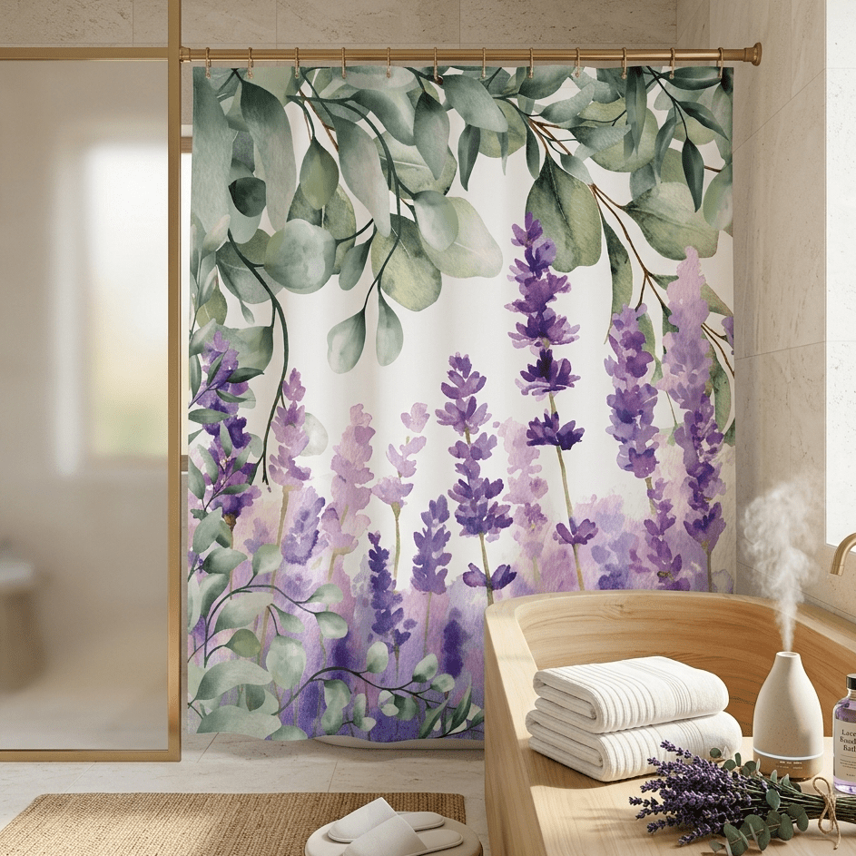 Lavender and Eucalyptus Shower Curtain | Botanical Floral Bathroom Decor - The Quiet Edit Studios