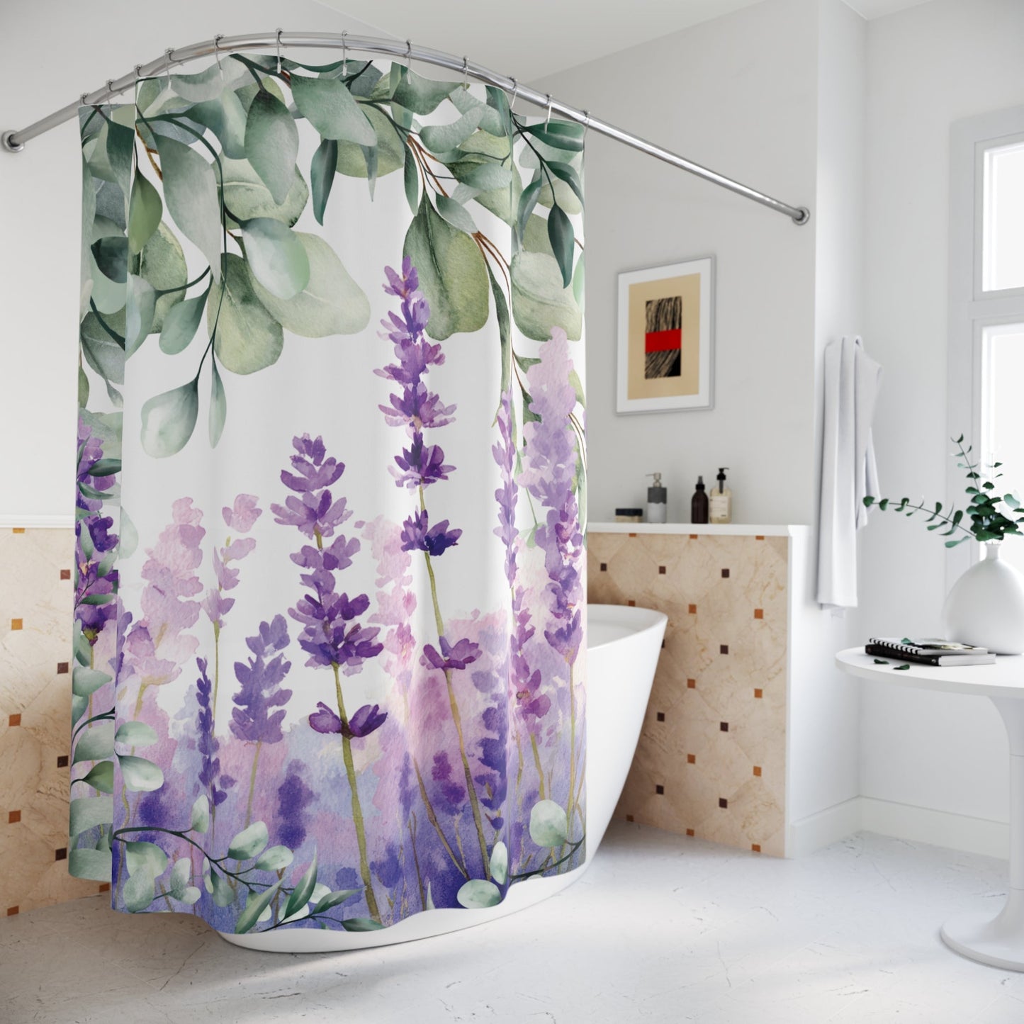 Lavender and Eucalyptus Shower Curtain | Botanical Floral Bathroom Decor - The Quiet Edit Studios