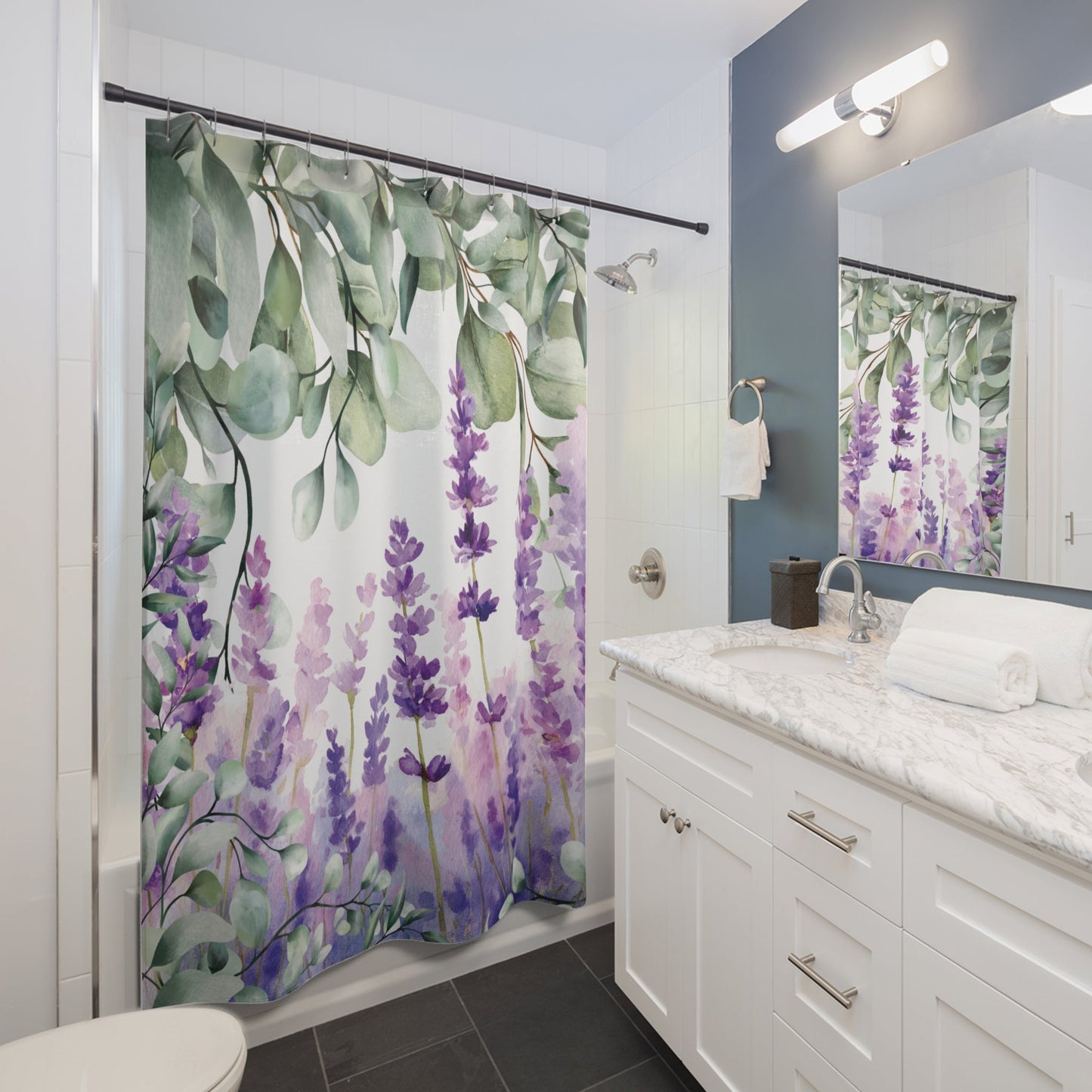 Lavender and Eucalyptus Shower Curtain | Botanical Floral Bathroom Decor - The Quiet Edit Studios