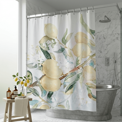 Lemon Awakening Watercolor Shower Curtain | Botanical Citrus Bathroom Décor - Scented Sanctualy - The Quiet Edit Studios