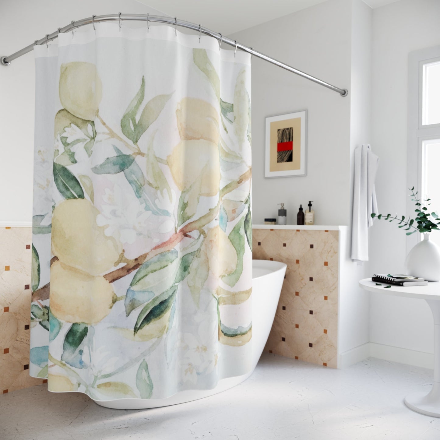 Lemon Awakening Watercolor Shower Curtain | Botanical Citrus Bathroom Décor - Scented Sanctualy - The Quiet Edit Studios