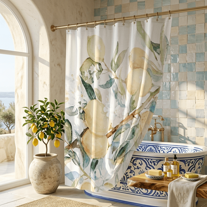 Lemon Awakening Watercolor Shower Curtain | Botanical Citrus Bathroom Décor - Scented Sanctualy - The Quiet Edit Studios