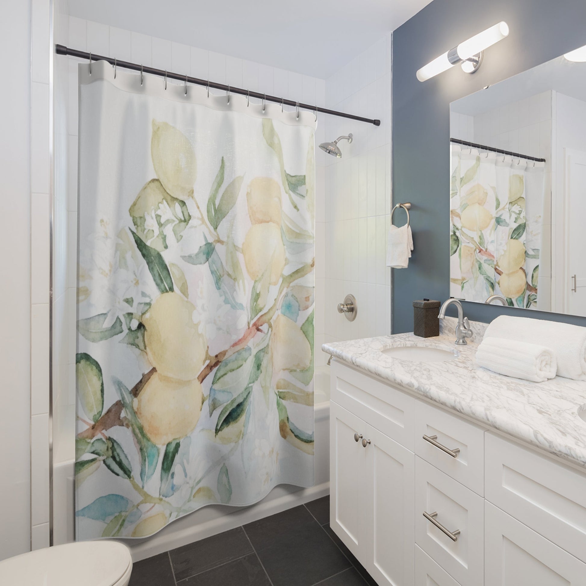Lemon Awakening Watercolor Shower Curtain | Botanical Citrus Bathroom Décor - Scented Sanctualy - The Quiet Edit Studios