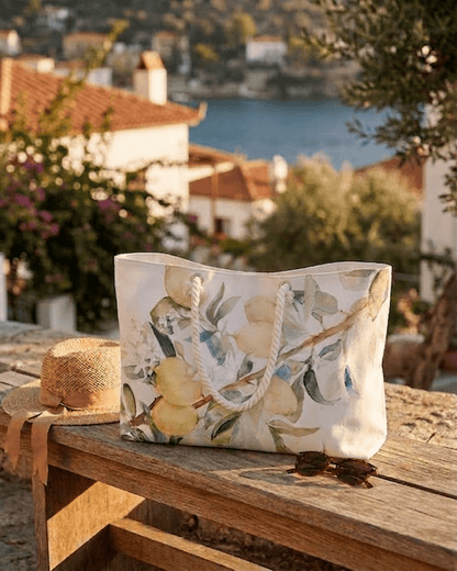 Lemon Awakening Watercolor Weekender Beach Bag | Citrus Botanical Tote - Scented Sanctuary - The Quiet Edit Studios