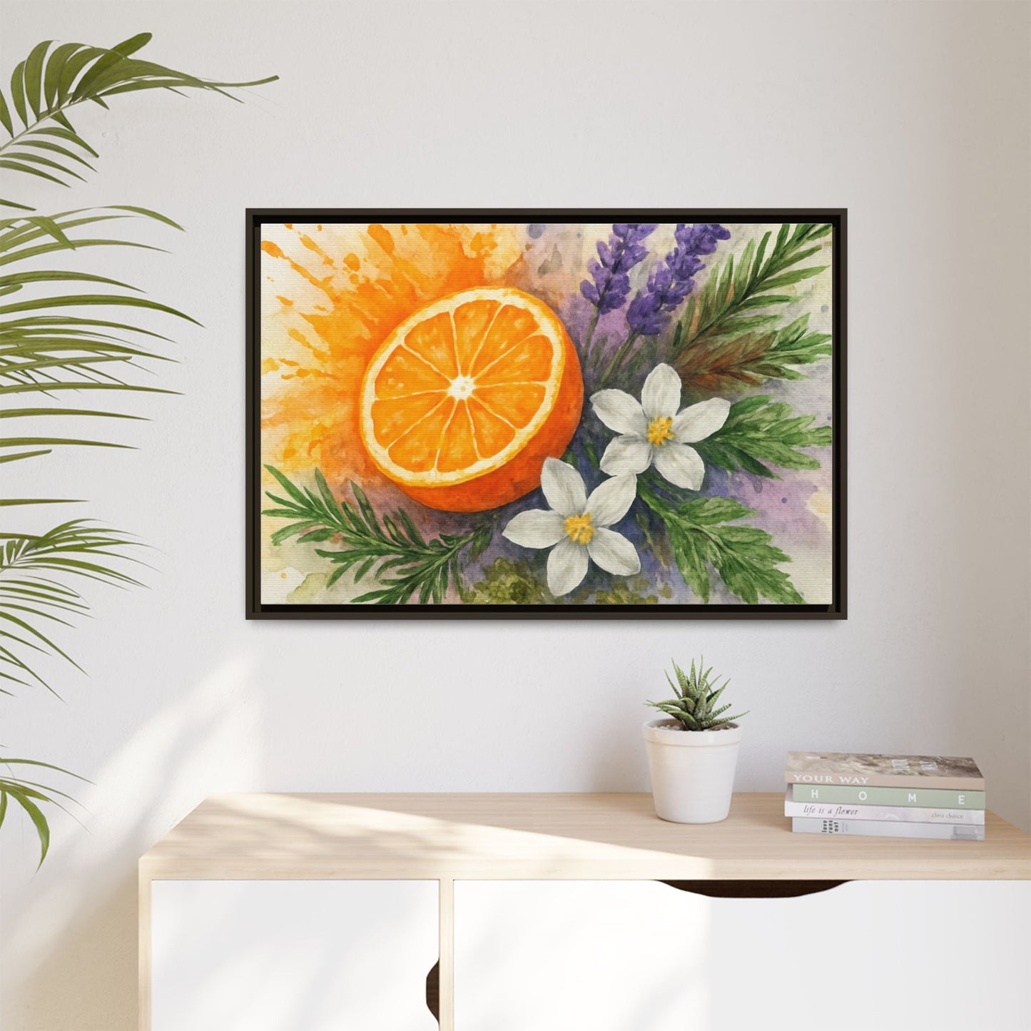 Orange Slice Lavender Floral - Canvas, Framed | Citrus Watercolor Wall Art - The Quiet Edit Studios