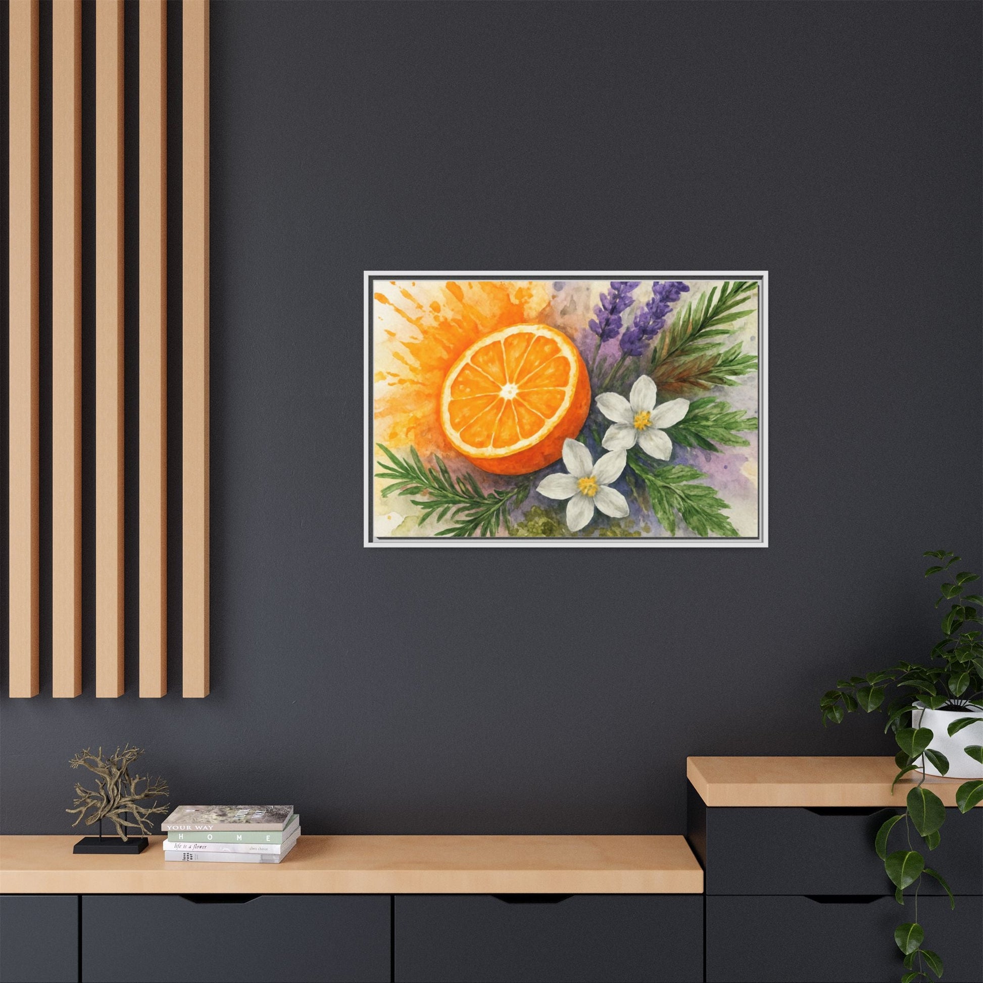 Orange Slice Lavender Floral - Canvas, Framed | Citrus Watercolor Wall Art - The Quiet Edit Studios