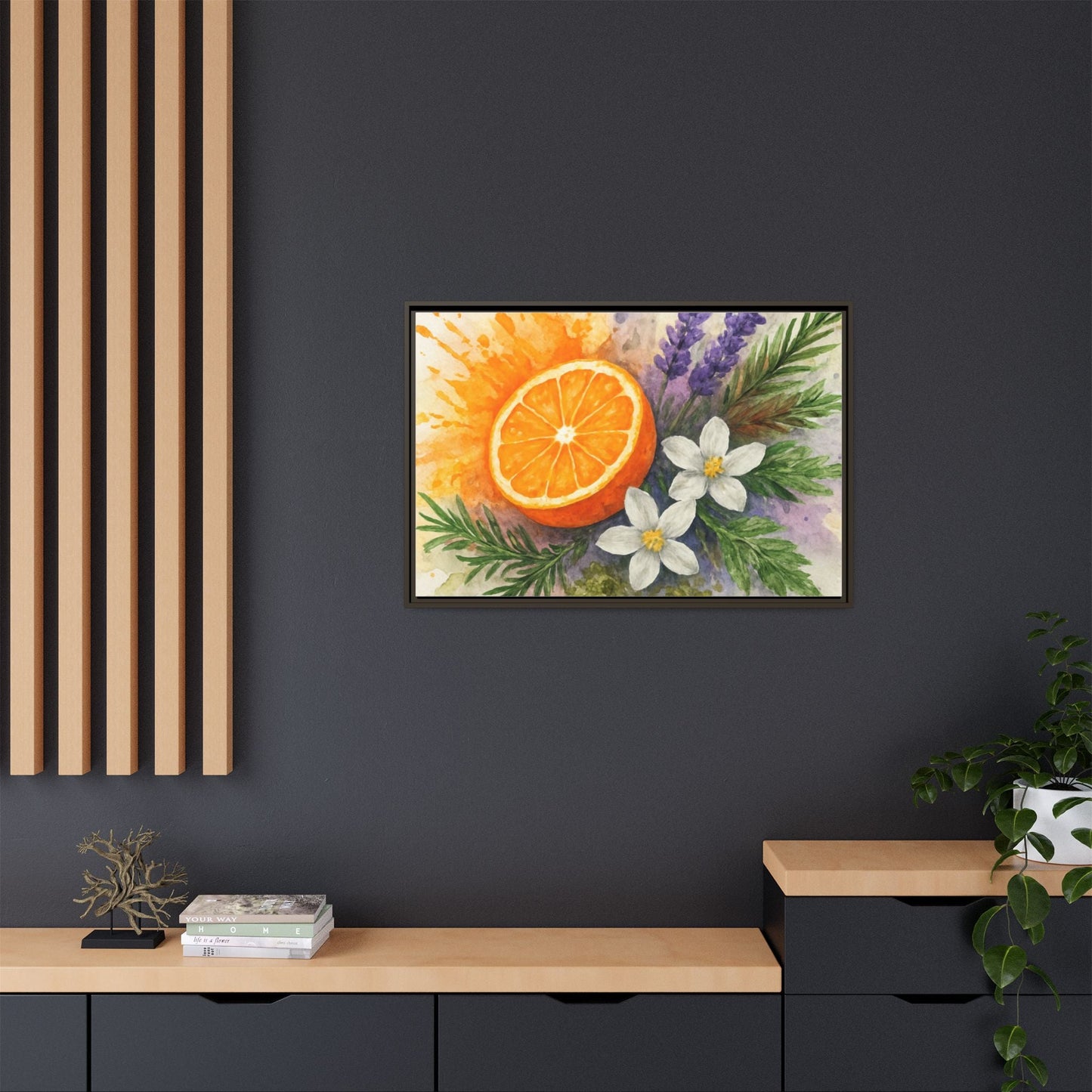 Orange Slice Lavender Floral - Canvas, Framed | Citrus Watercolor Wall Art - The Quiet Edit Studios
