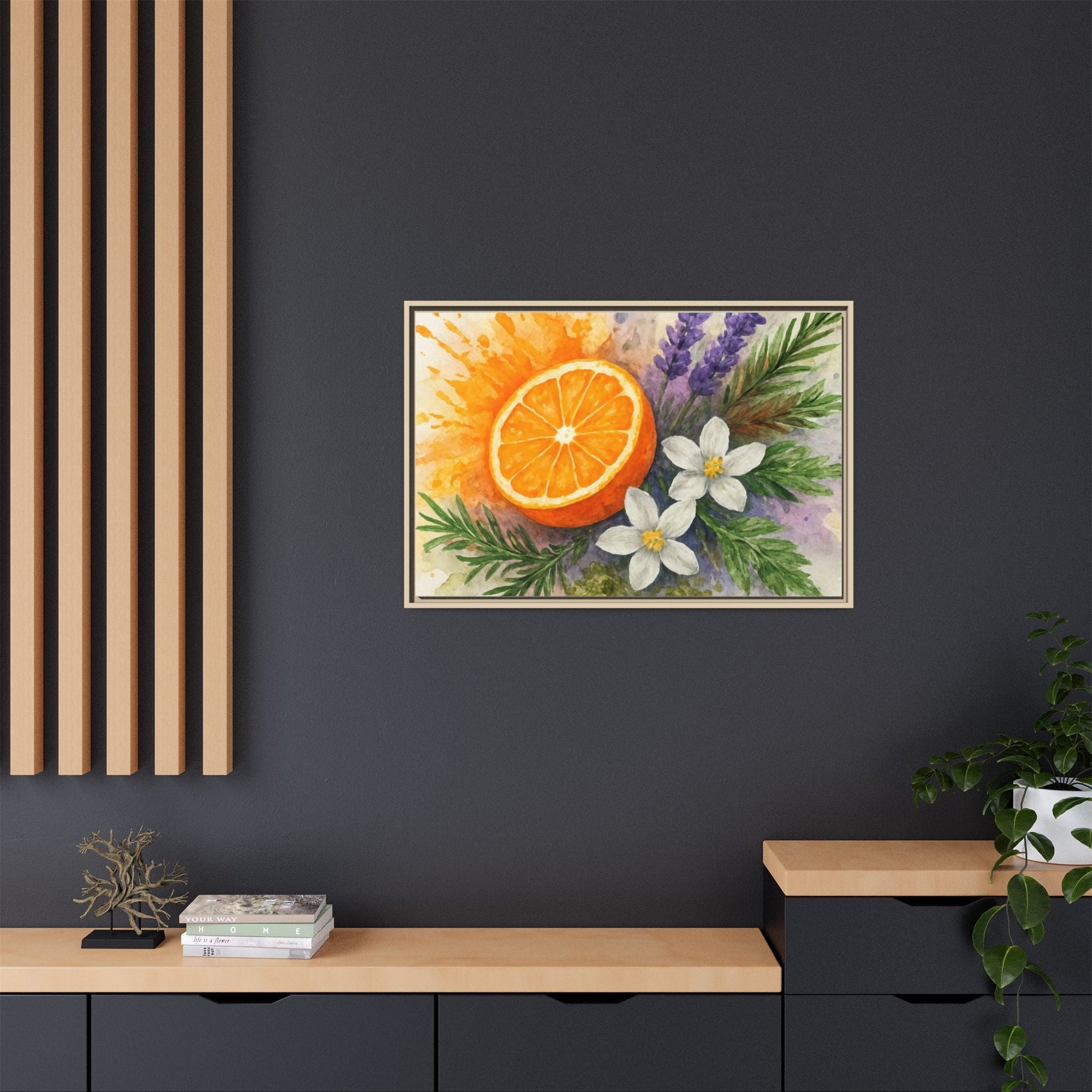 Orange Slice Lavender Floral - Canvas, Framed | Citrus Watercolor Wall Art - The Quiet Edit Studios