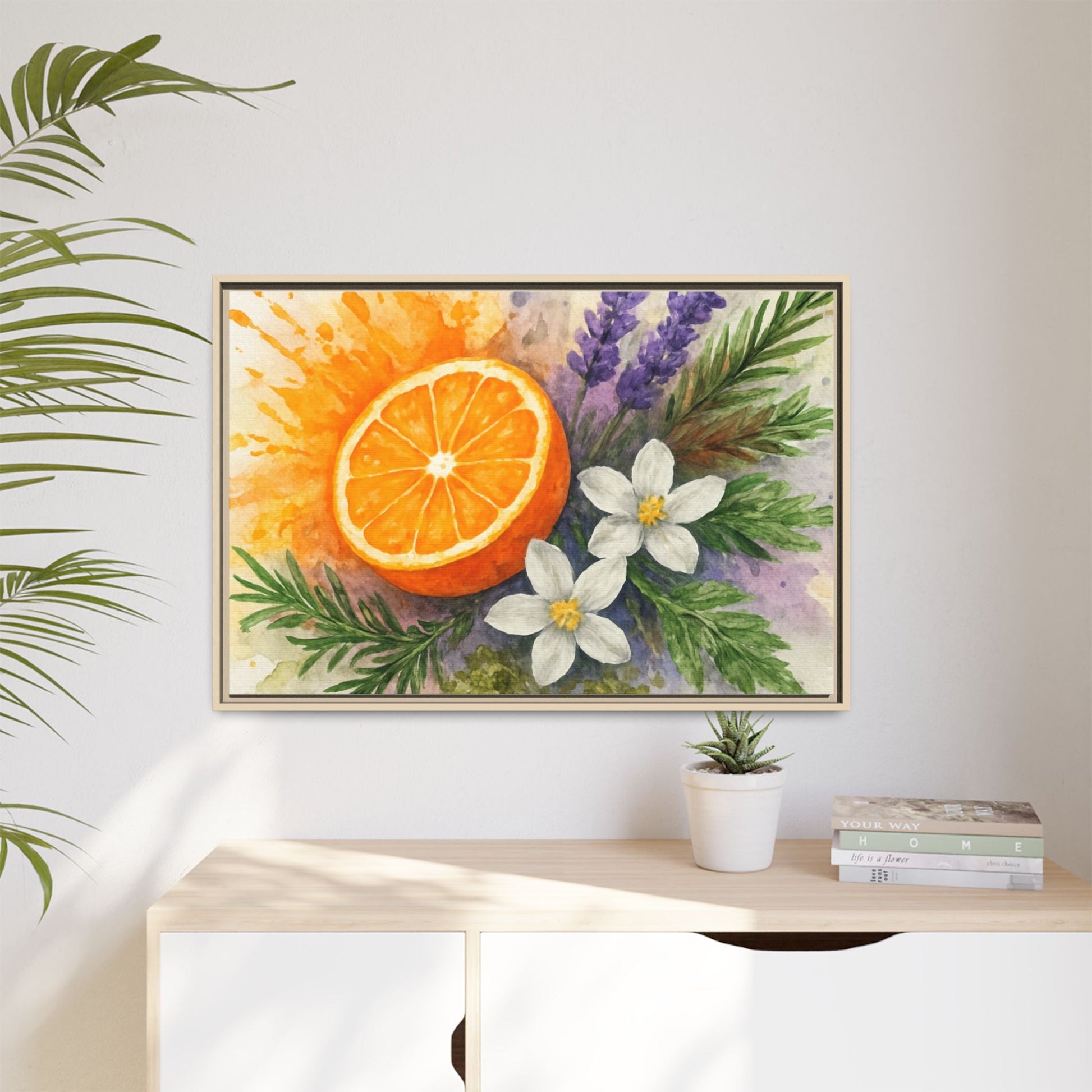 Orange Slice Lavender Floral - Canvas, Framed | Citrus Watercolor Wall Art - The Quiet Edit Studios