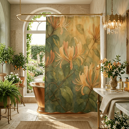 Peach Honeysuckle Floral Shower Curtain | Botanical Vine Bathroom Decor - The Quiet Edit Studios