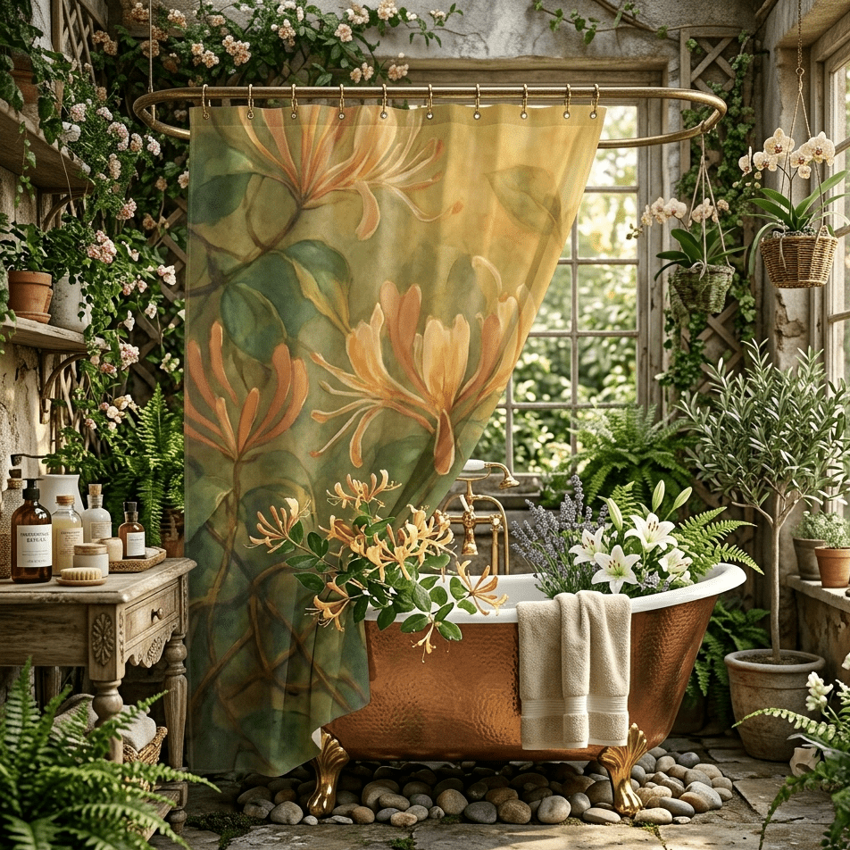 Peach Honeysuckle Floral Shower Curtain | Botanical Vine Bathroom Decor - The Quiet Edit Studios