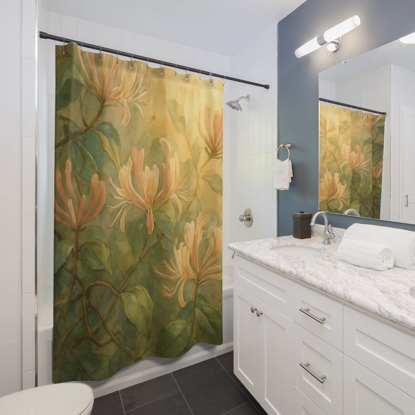 Peach Honeysuckle Floral Shower Curtain | Botanical Vine Bathroom Decor - The Quiet Edit Studios