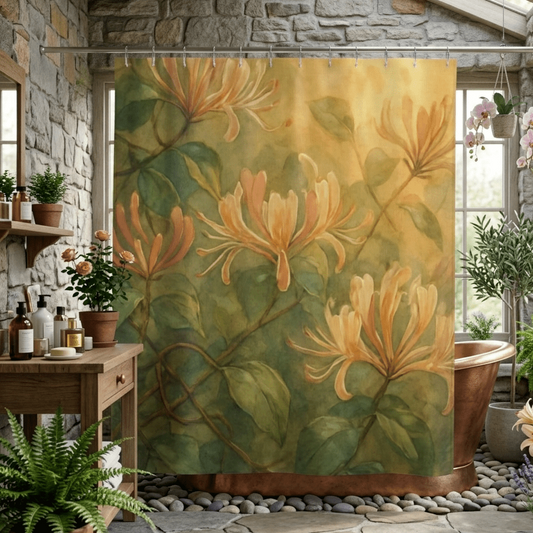 Peach Honeysuckle Floral Shower Curtain | Botanical Vine Bathroom Decor - The Quiet Edit Studios