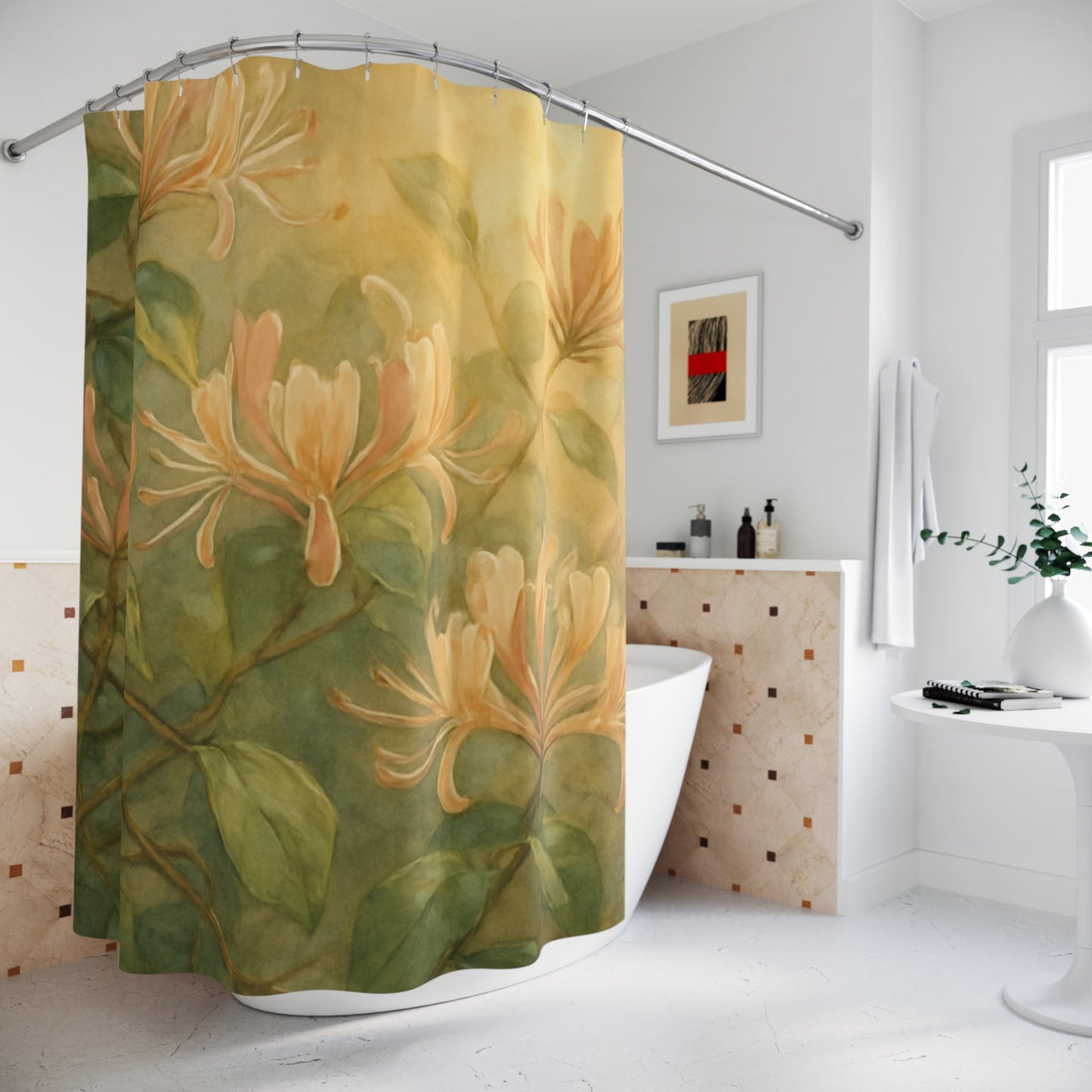 Peach Honeysuckle Floral Shower Curtain | Botanical Vine Bathroom Decor - The Quiet Edit Studios