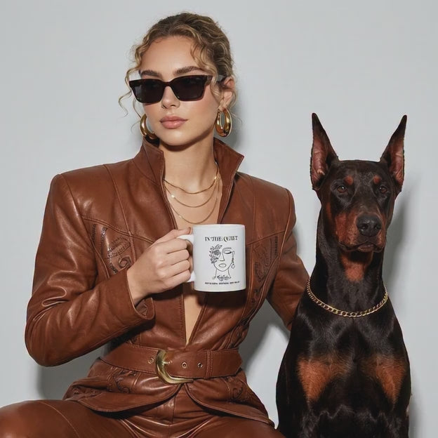 Stylish woman in a brown leather outfit holding an “In The Quiet” mug beside a Doberman, blending luxury fashion with self-care and mindfulness branding.