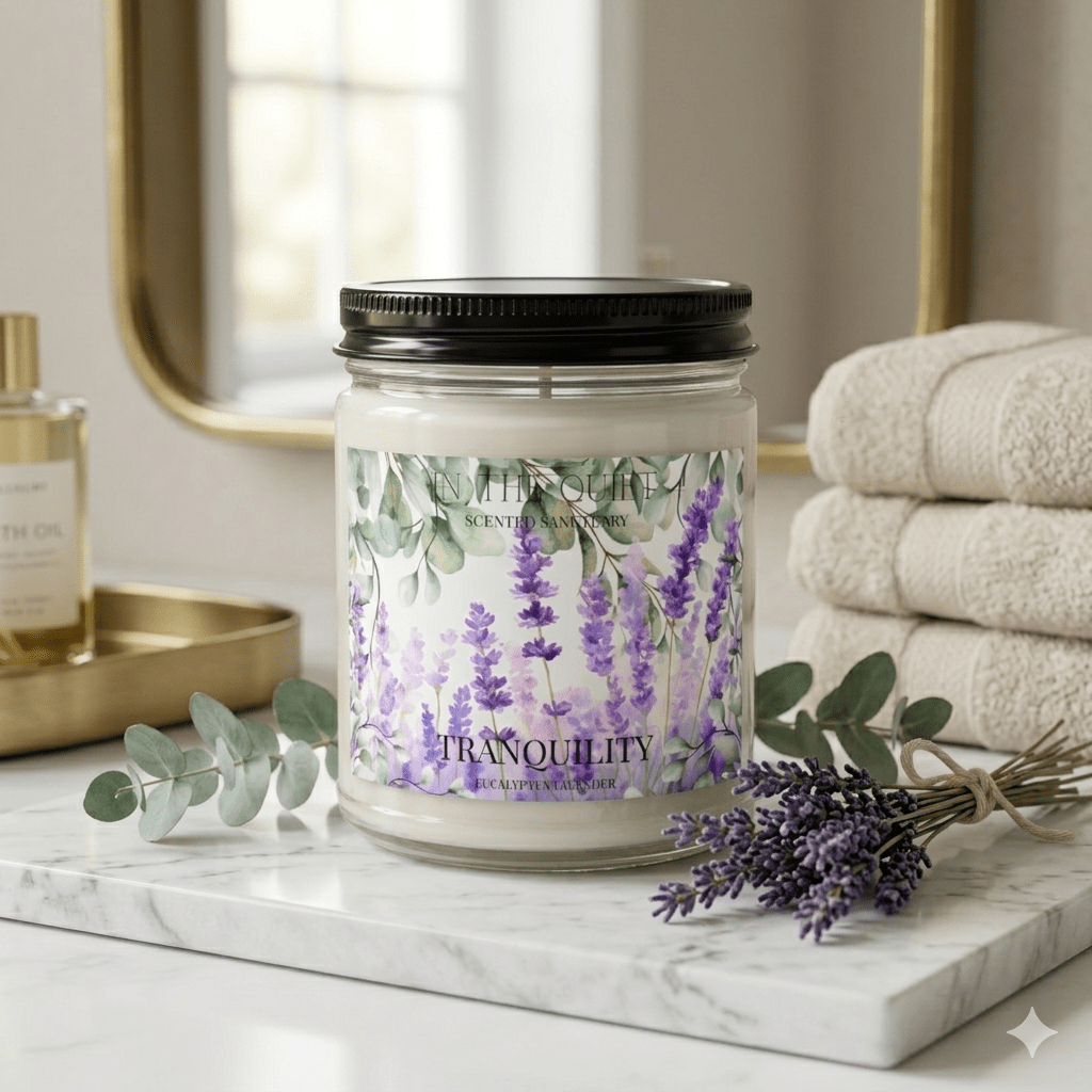 Tranquility Eucalyptus Lavender Candle | Watercolor Calming Home Decor | Scented Sanctuary - The Quiet Edit Studios