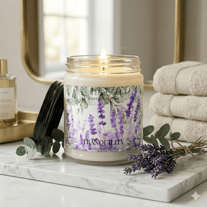 Tranquility Eucalyptus Lavender Candle | Watercolor Calming Home Decor | Scented Sanctuary - The Quiet Edit Studios