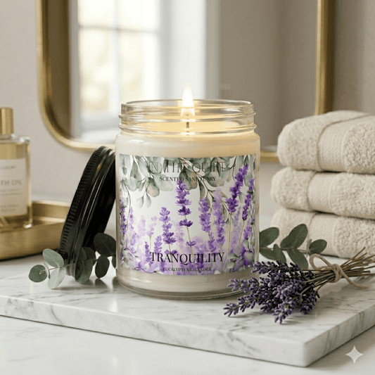 Tranquility Eucalyptus Lavender Candle | Watercolor Calming Home Decor | Scented Sanctuary - The Quiet Edit Studios