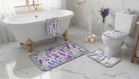 Tranquility Eucalyptus Lavender Watercolor Bathroom Three - Piece Set | Toilet Lid Cover, Contour Rug, Bath Mat | Scented Sanctuary - The Quiet Edit Studios