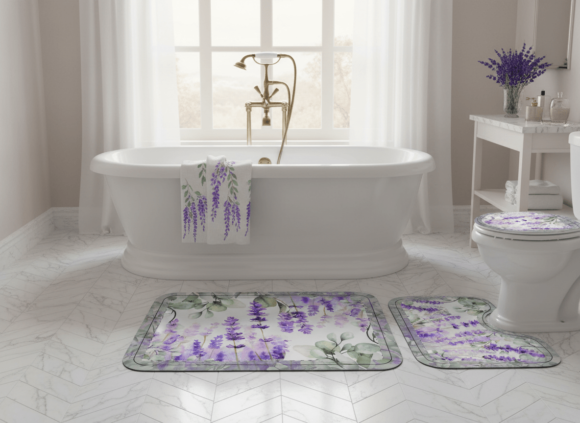 Tranquility Eucalyptus Lavender Watercolor Bathroom Three - Piece Set | Toilet Lid Cover, Contour Rug, Bath Mat | Scented Sanctuary - The Quiet Edit Studios